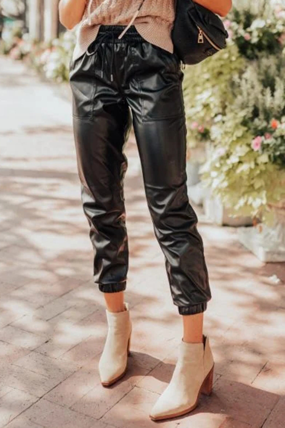 Black Faux Leather Ankle Smocked Waist Drawstring Joggers