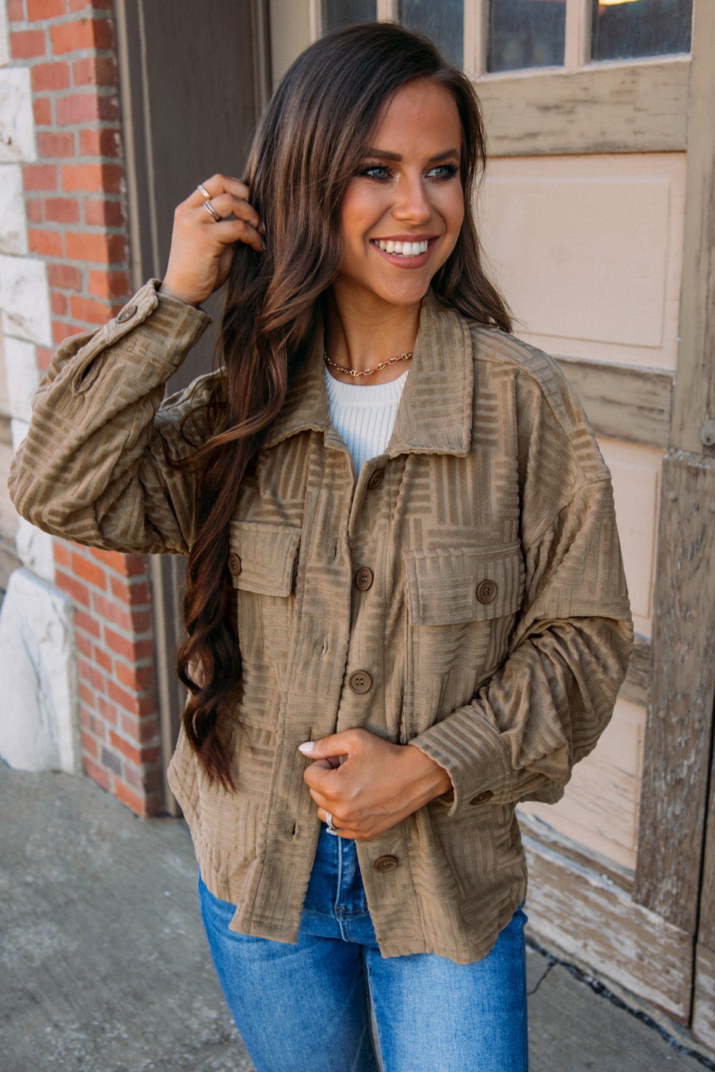 Dark Khaki Textured Chest Pocket Button-up Shacket