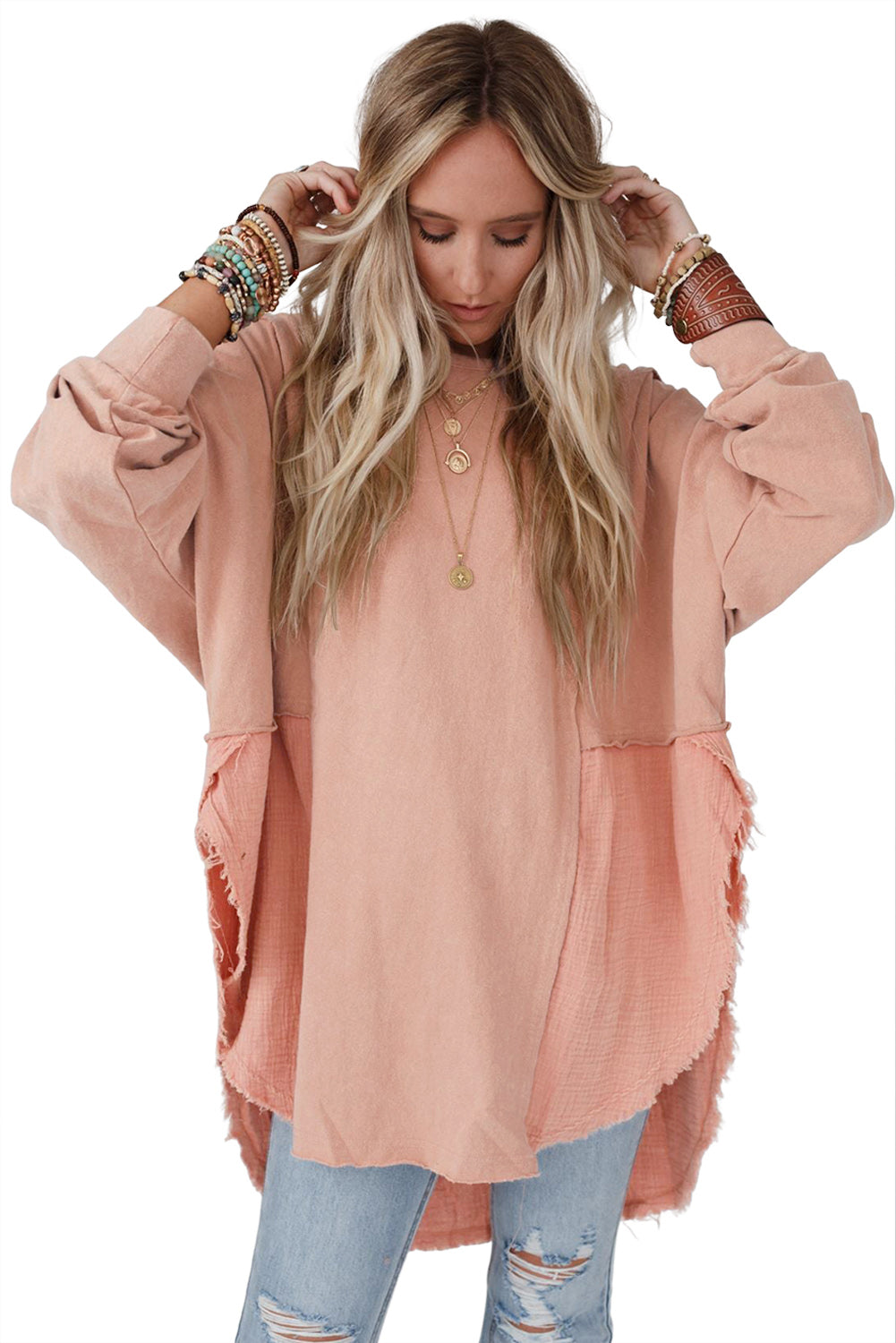 Crinkle Splicing Raw Hem High Low Oversized Blouse