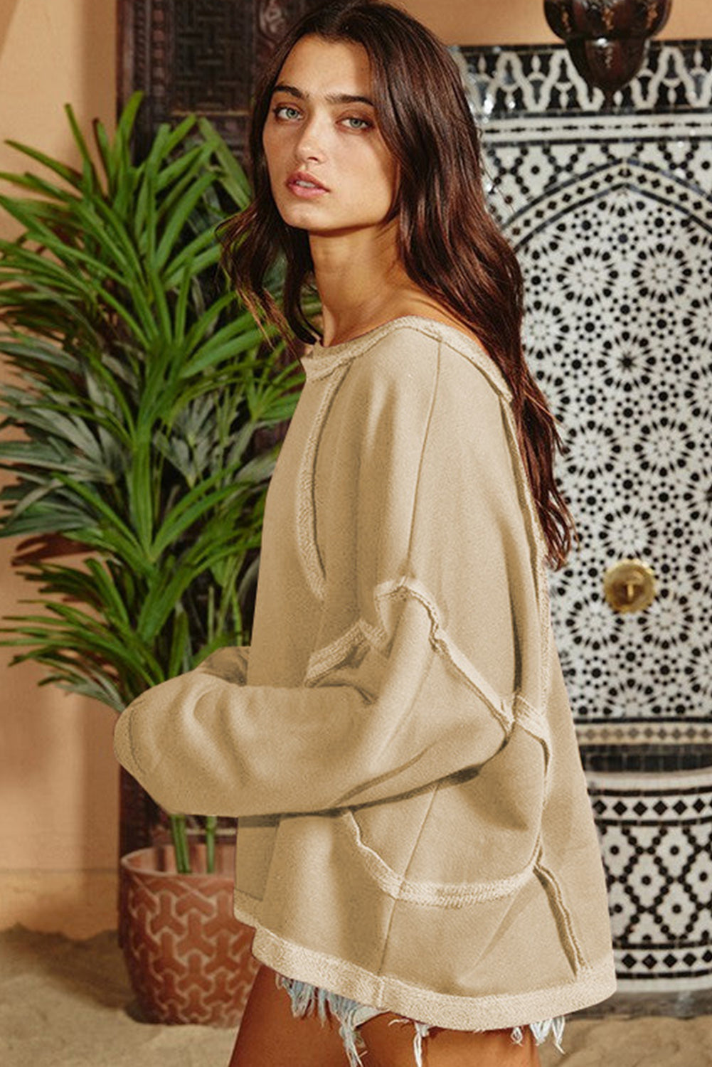 Khaki Exposed Seam Drop Shoulder Raw Hem Oversized Sweatshirt