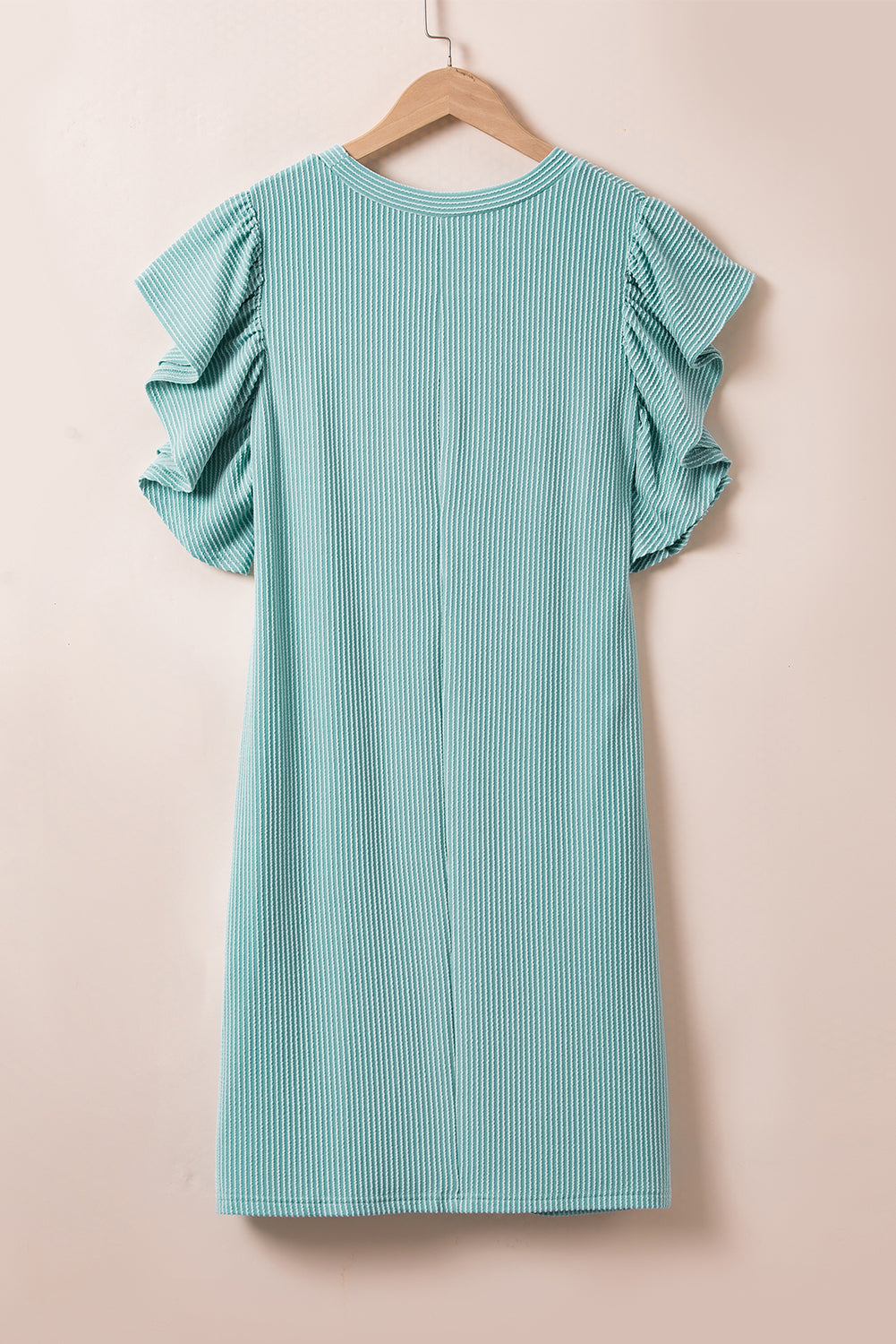 Aruba Blue Textured Ruffled Flutter Sleeve Mini Dress